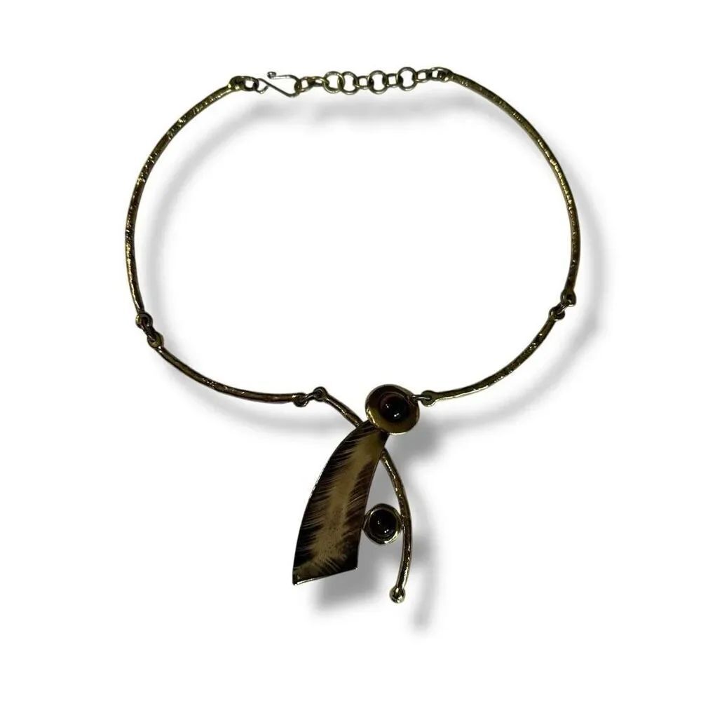 Vintage Brass Artisan Modernist Faux Tiger's Eye Necklace